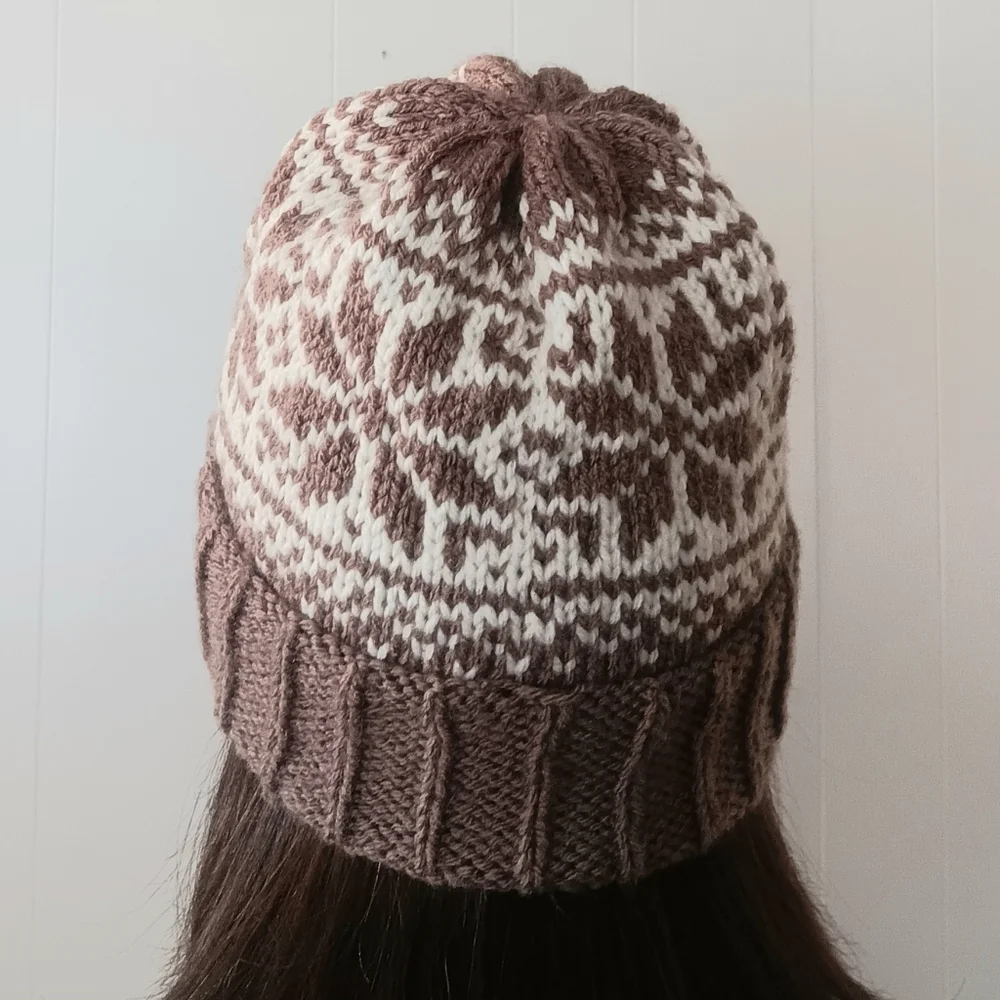 Hand Crafted Handknit Taupe Brown & Ivory Scandinavian Motif Beanie Hat OSFM